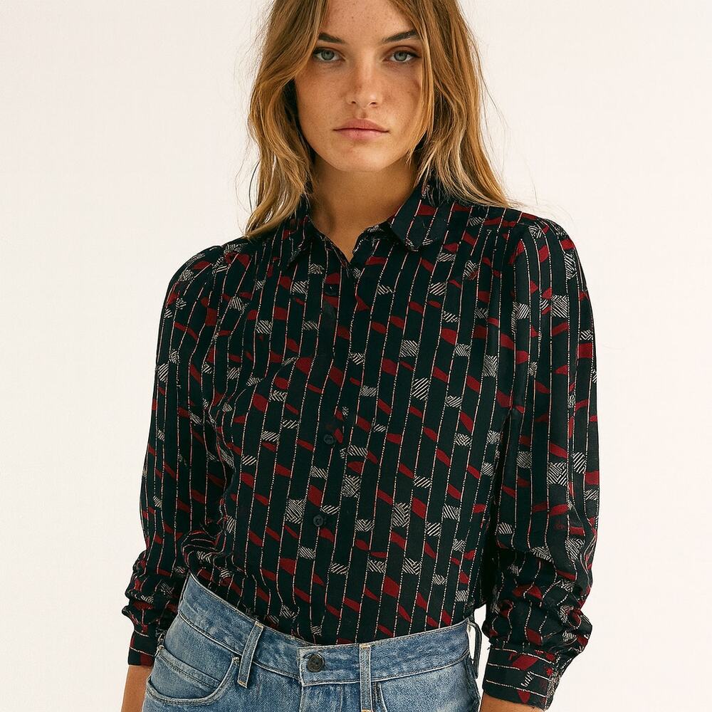 Vintage 80s Judy Bond Geometric Button Up Blouse M